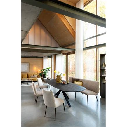 Henders en Hazel Eetkamertafel rond 120 cm. - hpl primo laminato blad - centrale kruispoot steelbrown Travertin