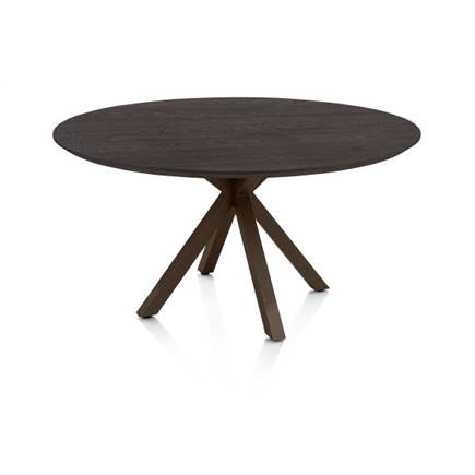 Henders en Hazel Eetkamertafel rond 150 cm. - eiken blad - centrale kruispoot steelbrown Burned Antique Silver