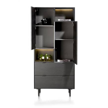 XOOON 90 cm. - 2-deuren + 2-laden + 2-niches + led incl. metalen poten Onyx