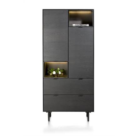 XOOON 90 cm. - 2-deuren + 2-laden + 2-niches + led incl. metalen poten Onyx