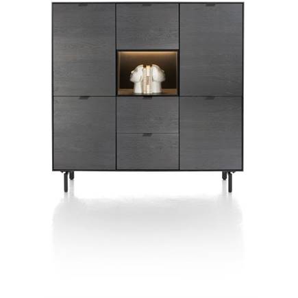 XOOON dressette 150 cm - 5-deuren + 2-laden + 1-niche + led incl. metalen poten Onyx